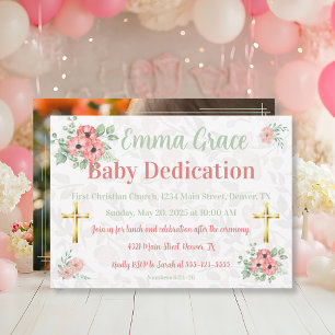Sage Green & Pink Floral Photo Baby Dedication Invitation
