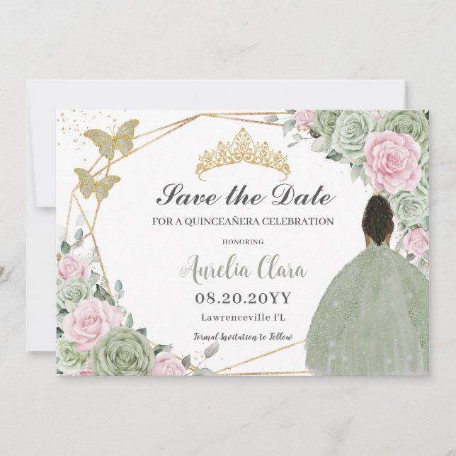 Sage Green Pink Floral Quinceanera Brown Princess  Save The Date (Front)
