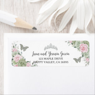 Sage Green Pink Floral Quinceanera Return Address
