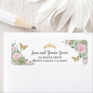 Sage Green Pink Floral Quinceanera Return Address