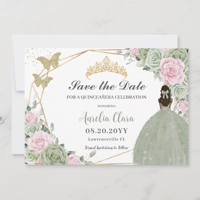 Sage Green Pink Floral Quinceanera Tan Princess  Save The Date (Front)