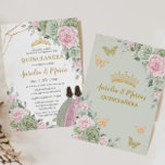 Sage Green Pink Floral Quinceañera Twins Butterfly Invitation<br><div class="desc">This chic Quinceañera invitation features a gold glitter geometric frame adorned by delicate watercolor sage green, pale pink floral, soft sage greenery and a girl in a lovely sage green dress and another girl in a pretty pink dress. Personalise it with your details easily and quickly, simply press the customise...</div>