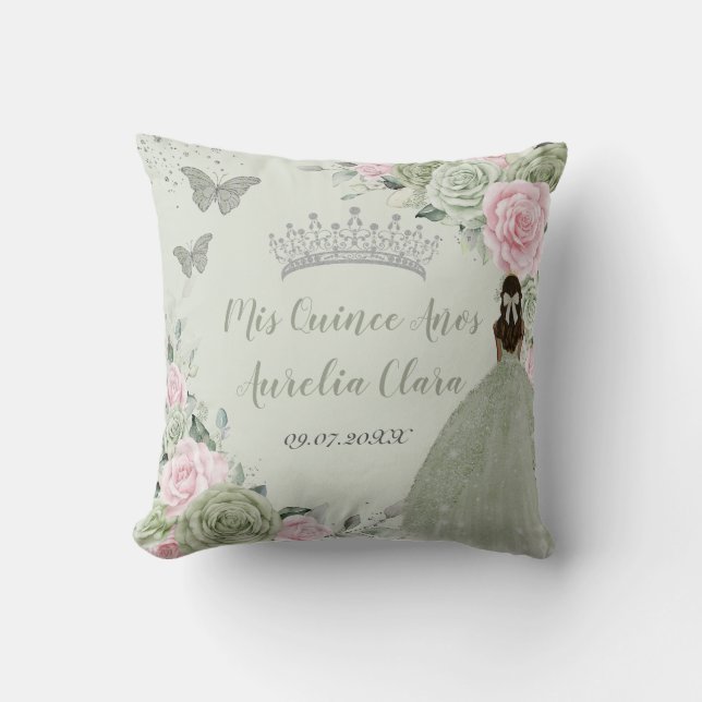 Sage Green Pink Floral Silver Quinceañera Keepsake Cushion (Front)