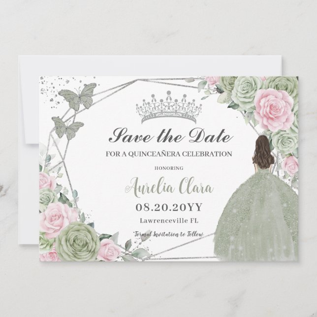 Sage Green Pink Floral Silver Quinceanera Princess Save The Date (Front)