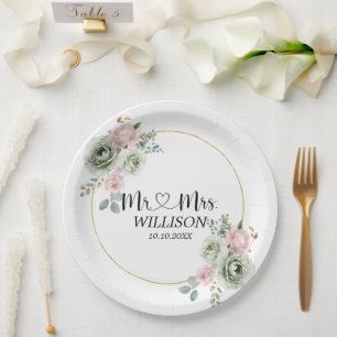 Sage Green & Pink Flowers wedding  Paper Plate