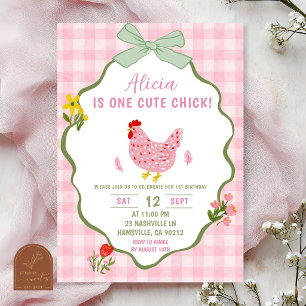 Sage Green Pink Gingham Chicken 1st Birthday Invitation