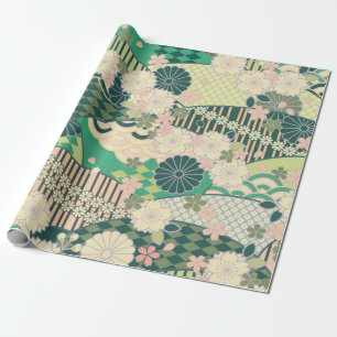 Sage Green Pink Japanese Kimono Floral Decoupage  Wrapping Paper
