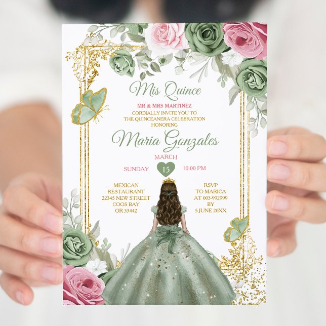 Sage Green Pink Mis Quince 15 Anos Crown Invitation (Creator Uploaded)
