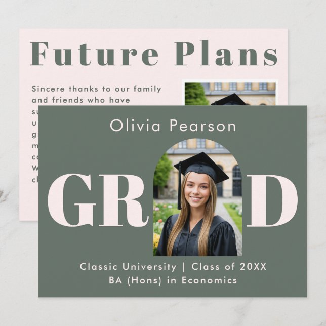 Sage Green & Pink Modern Arch Photo Graduation Announcement (Front/Back)