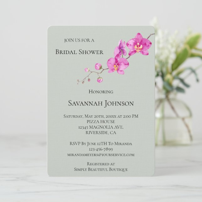 Sage Green Pink Orchid Floral Bridal Shower Invitation (Standing Front)