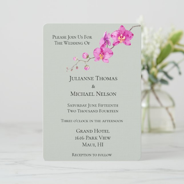 Sage Green Pink Orchid Floral Wedding Invitation (Standing Front)