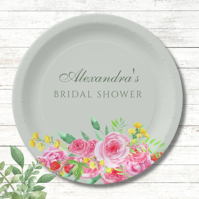 Sage Green Pink Peony Bridal Shower Paper Plate (Creator Uploaded)