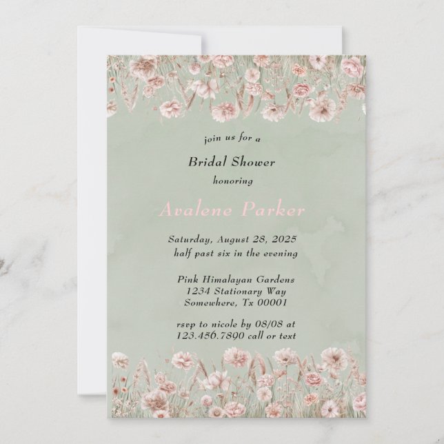 Sage Green Pink Peony Watercolor Bridal Shower Invitation (Front)
