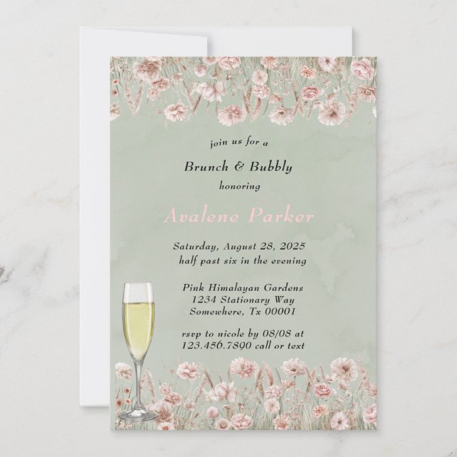 Sage Green Pink Peony Watercolor Brunch & Bubbly Invitation (Front)