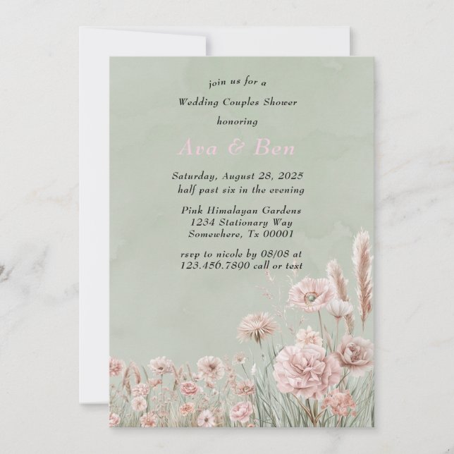 Sage Green Pink Peony Wedding Couples Shower Invitation (Front)