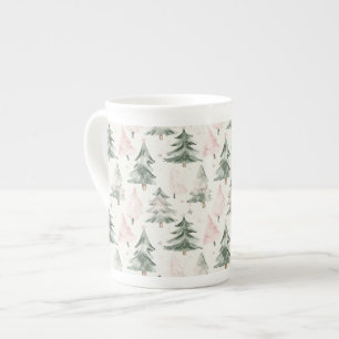 Sage Green & Pink Pine Trees Pattern Bone China Mug