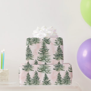Sage Green & Pink Pine Trees Pattern  Wrapping Paper