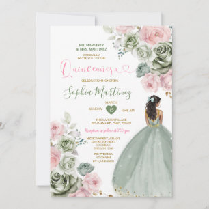 Sage Green & Pink Princess Floral Gold Quiñceanera Invitation