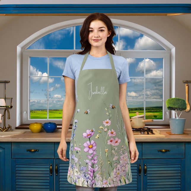 Sage green pink purple wildflowers name apron (Creator Uploaded)