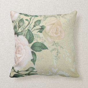 Sage Green Pink Rose Floral Vintage Cushion