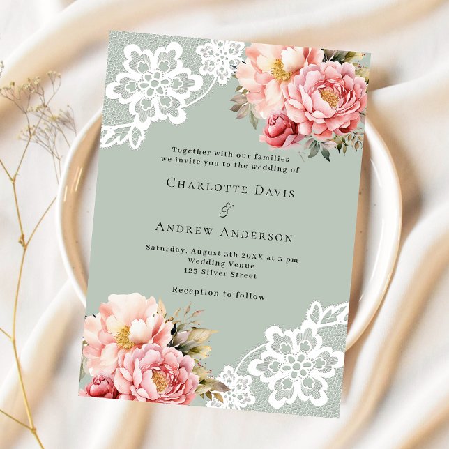 Sage green pink rose gold florals lace wedding invitation (Creator Uploaded)