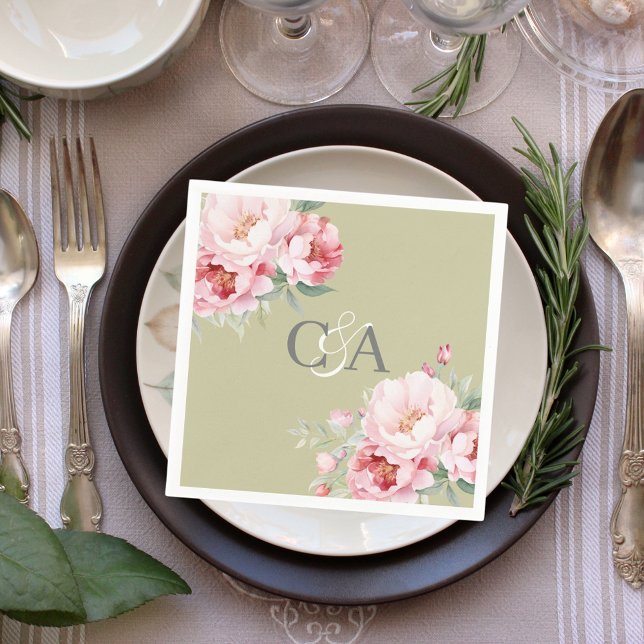 Sage green pink roses florals monogram wedding napkin (Creator Uploaded)
