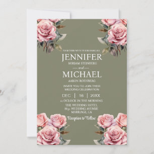 Sage Green Pink Roses Invitation