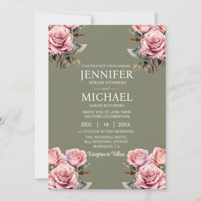 Sage Green Pink Roses Invitation (Front)
