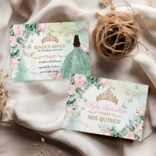 Sage Green Pink Sparkly Gown Quinceanera 15 Anos Card