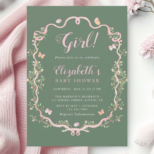 Sage Green & Pink Spring Floral Girl Baby Shower Invitation