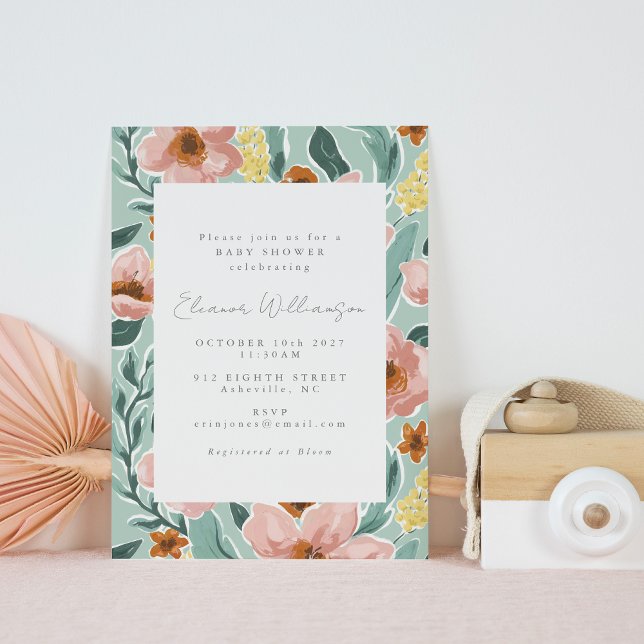 Sage Green Pink Vintage Botanical Baby Shower Invitation (Creator Uploaded)