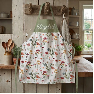 Sage Green Pink Watercolor Wildflower Custom Name Apron