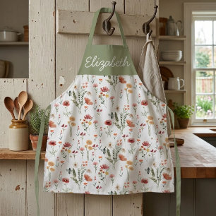 Sage Green Pink Watercolor Wildflower Custom Name Apron