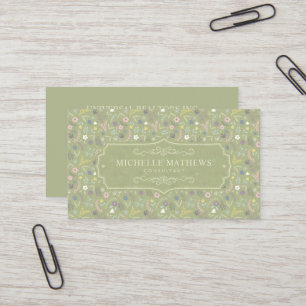 Sage Green Pink White Flowers Floral Boho Pattern Business Card