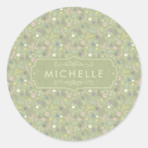 Sage Green Pink White Flowers Floral Boho Pattern Classic Round Sticker