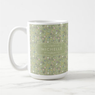 Sage Green Pink White Flowers Floral Boho Pattern Coffee Mug