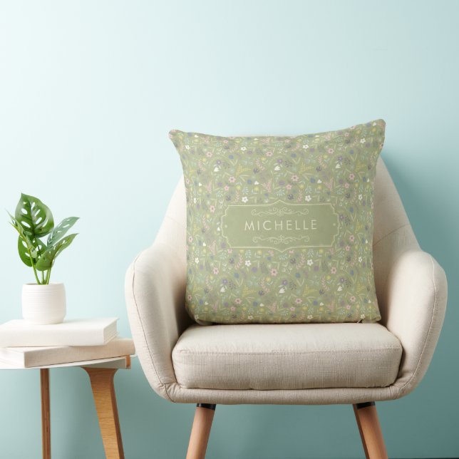 Sage Green Pink White Flowers Floral Boho Pattern Cushion (Chair)
