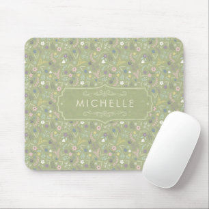 Sage Green Pink White Flowers Floral Boho Pattern Mouse Mat