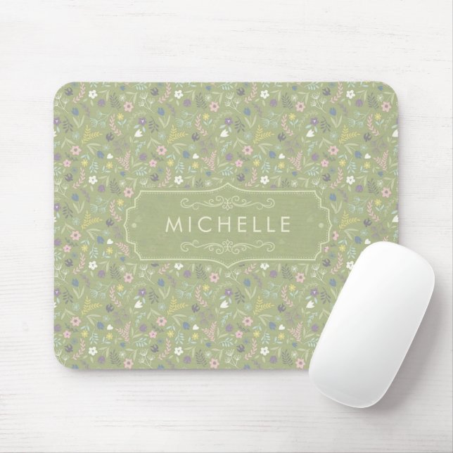 Sage Green Pink White Flowers Floral Boho Pattern Mouse Mat (With Mouse)