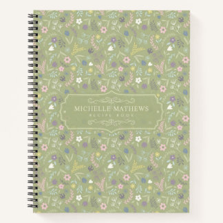 Sage Green Pink White Flowers Floral Boho Pattern Notebook