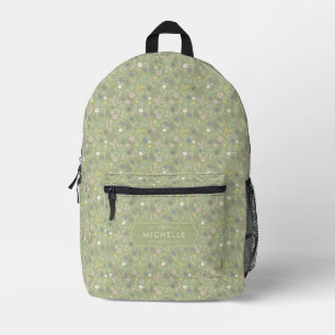 Sage Green Pink White Flowers Floral Boho Pattern Printed Backpack