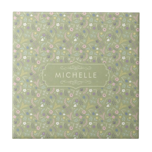 Sage Green Pink White Flowers Floral Boho Pattern Tile (Front)