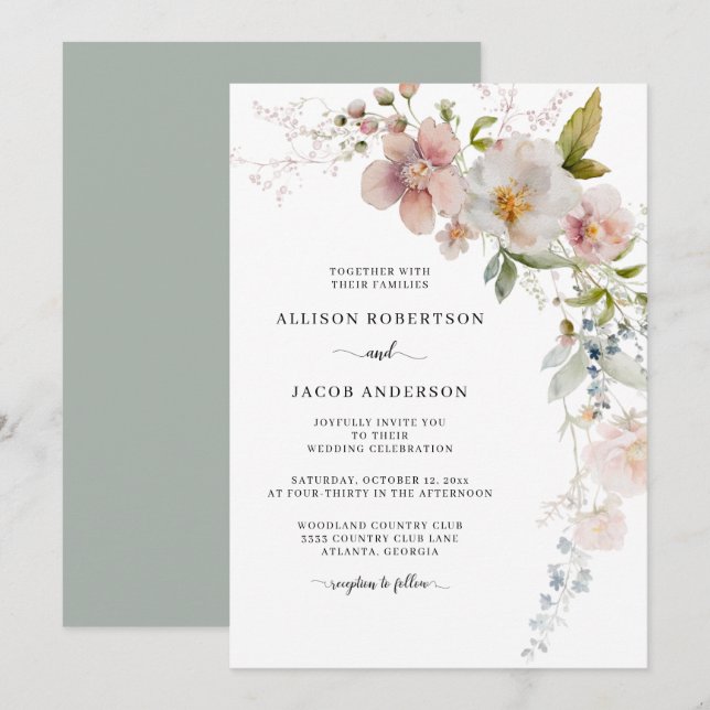 Sage Green Pink Wildflower Floral Wedding Invitation (Front/Back)