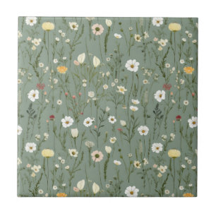 Sage Green Pink Yellow White Floral Seamless Tile