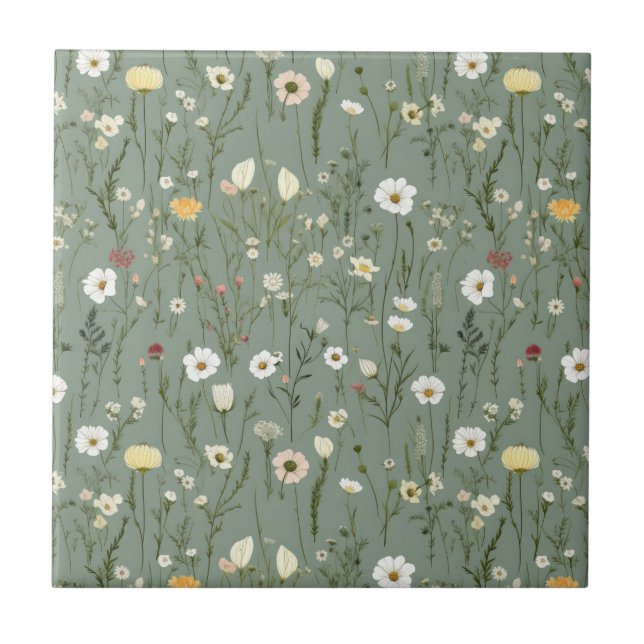 Sage Green Pink Yellow White Floral Seamless Tile (Front)