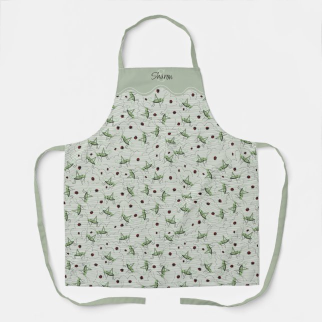 Sage Green Pinstripe Grasshopper Ladybug Gardening Apron (Front)