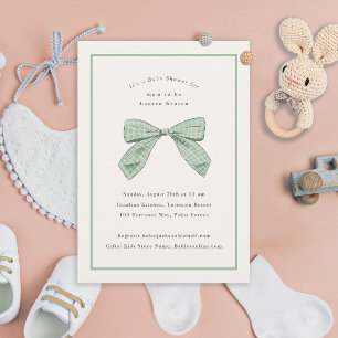 Sage Green Plaid Bow Elegant Baby Shower Invitation