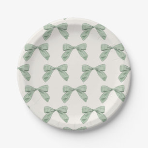 Sage Green Plaid Bow Elegant Boy Baby Shower Paper Plate
