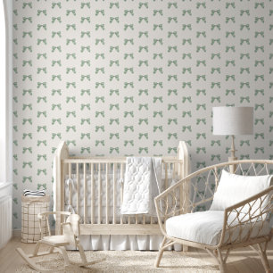 Sage Green Plaid Bow Elegant Neutral Baby Nursery Wallpaper