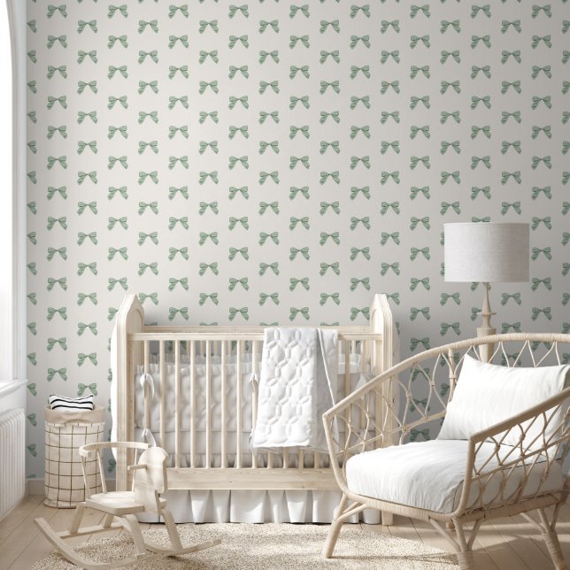 Sage Green Plaid Bow Elegant Neutral Baby Nursery Wallpaper (Kids)